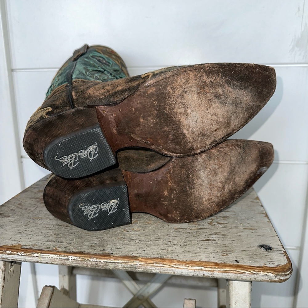 Dan Post Miss Kate Distressed Brown Teal Blue bird  Wing Tip Cowboy Boots Sz 7 - Picture 6 of 7